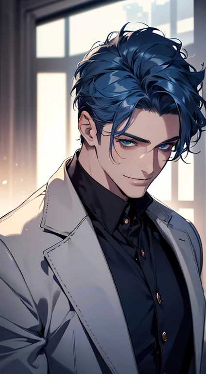 (best quality, masterpiece, 8K, photorealistic, cinematic lighting, 1:4 hdr image, ultra detailed, beautiful image), a mature man, 25 years very handsome, ((cold expression smile in love)), short blue hair, blue eyes, face perfect without mistakes, ((buttoning his jacket, CEO)), smile.