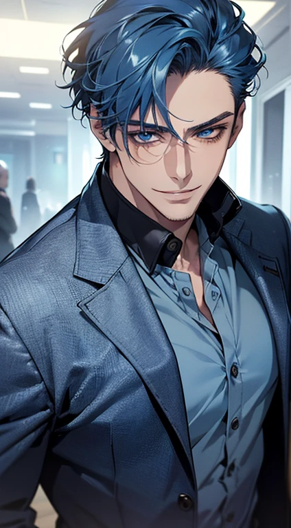(best quality, masterpiece, 8K, photorealistic, cinematic lighting, 1:4 hdr image, ultra detailed, beautiful image), a mature man, 25 years very handsome, ((cold expression smile in love)), short blue hair, blue eyes, face perfect without mistakes, ((buttoning his jacket, CEO)), smile.