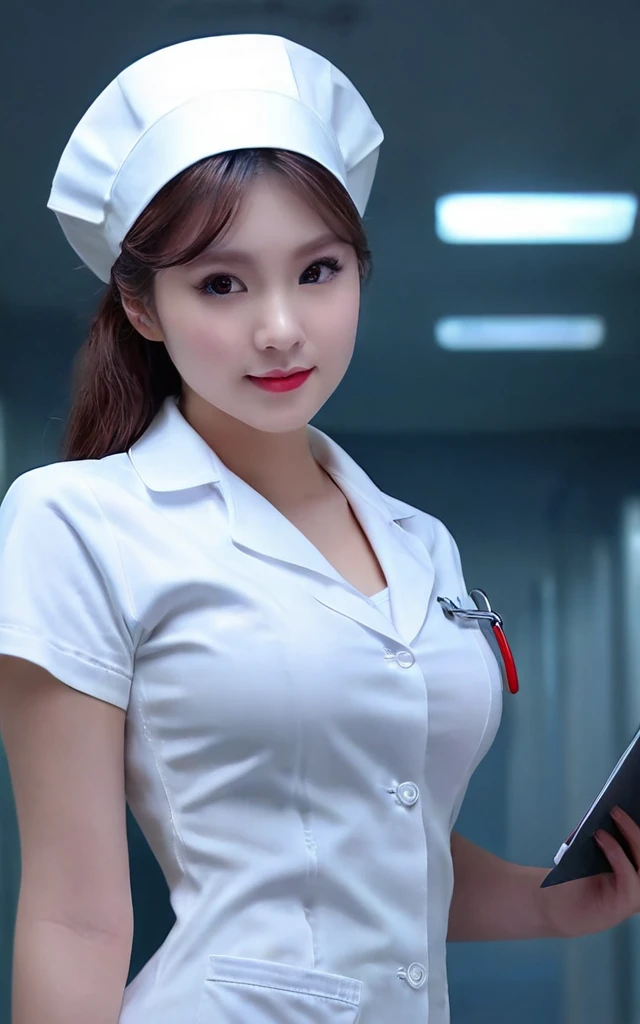 Wearing a tight latex nurse uniform、Young, sexy and beautiful nurse spreading her legs in a bold pose、Nurse cap、Holding a medical clipboard、Very detailed、Ultra-realistic、8k、Cinematic lighting、Porcelain Skin、Captivating Gaze、Full Body Shot、Photorealistic、masterpiece
