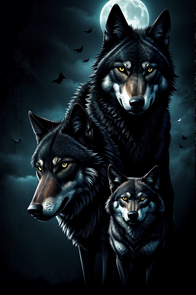 Create a digital illustration for a cell phone wallpaper , animated dark style of a wolf and a bat together holding a black heart 