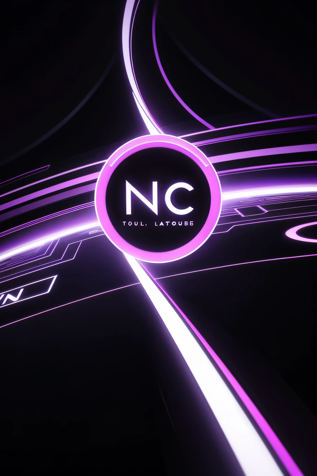 Create a full-screen image with a black background featuring a sleek, stylized 'N' logo in purple at the center, with neutral lighting. Below the logo, place the company name 'Connect' in a modern, clean font. The background should have a subtle, transparent technology-themed abstract pattern, like digital circuits or futuristic lines.