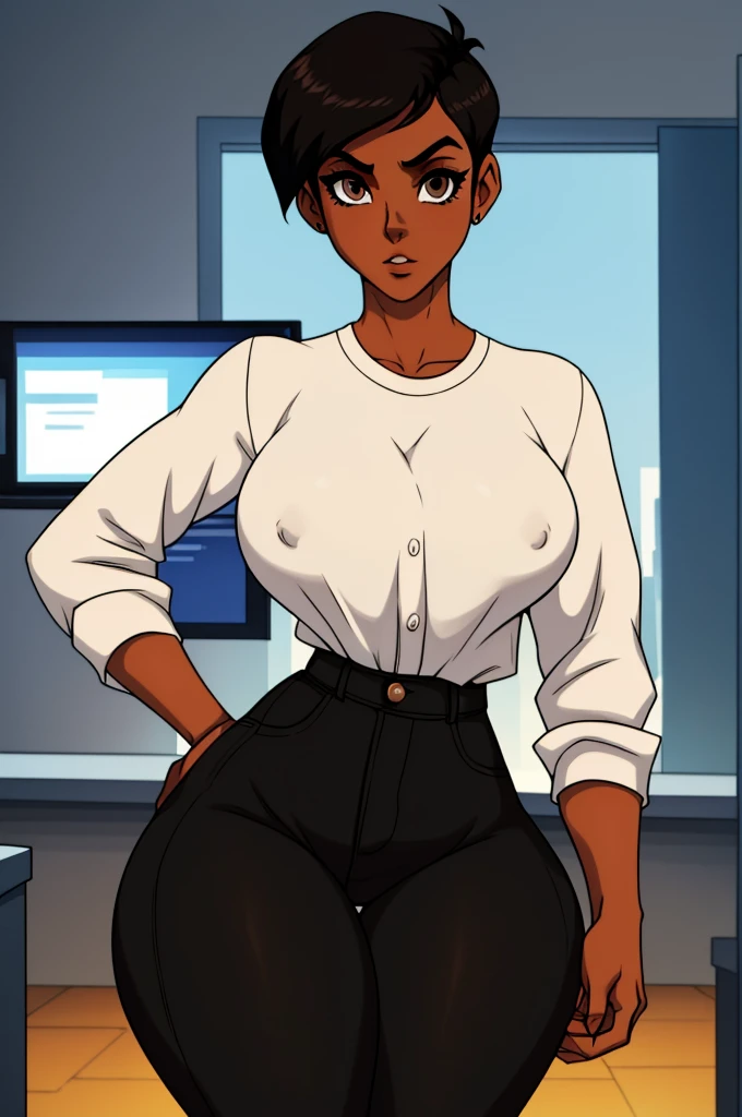 ((ultra quality)), ((masterpiece)), Lois Lane, ((black short hair tomboy hairstyle)), (Beautiful face), (beautiful female lips), (), charming, ((sexy facial expression)), (Dark skin color), (dark skin), glare on the body, ((detailed beautiful female eyes)), ((dark brown eyes)), (juicy female lips), (dark eyeliner), (beautiful female hands), ((ideal female figure)), ideal female body, beautiful waist, gorgeous thighs, beautiful medium breasts, ((subtle and beautiful)), sexy worth (), (White shirt, Black jeans) background: office, ((depth of field)), ((high quality clear image)), (clear details), ((high detail)), realistically, professional photo session
