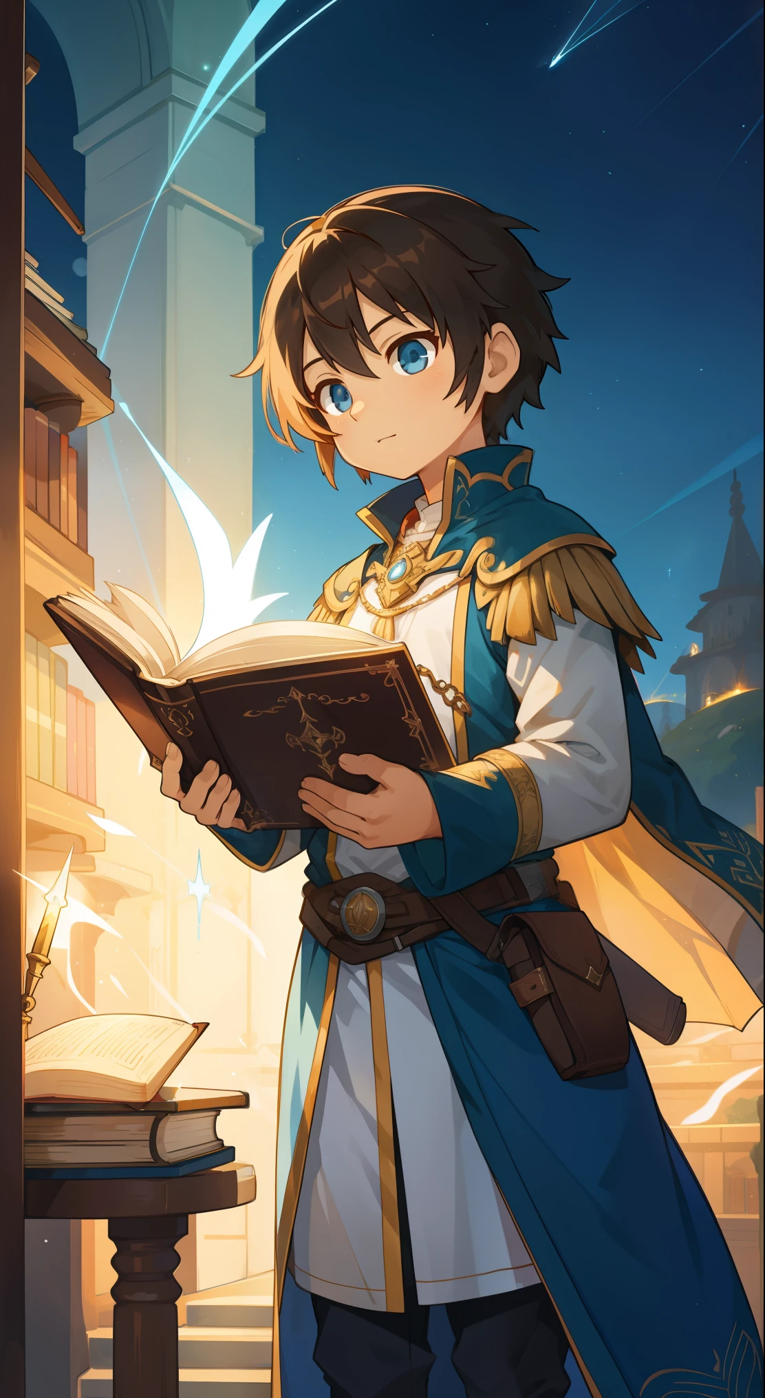 Ein aufgeschlagenes Buch, dickes Buch, altes Buch, Ledereinband, magische Aura, leuchtende Aura 