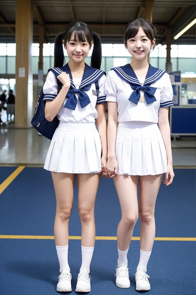 2 girls walking in Japanese railway station,short-sleeved white sailor leotard with blue skirt frills,red bow tie,school bags,18-year-old,bangs,a little smile,large bare thighs,knees,legs apart,short hair with low pigtails,from before,front light