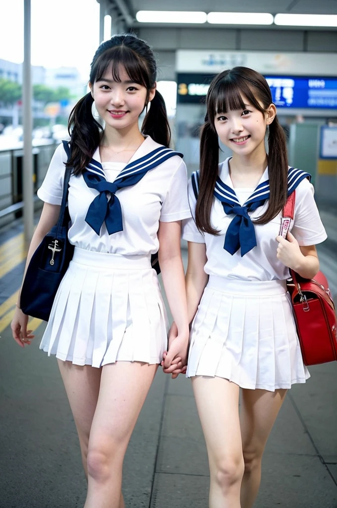 2 girls walking in Japanese railway station,short-sleeved white sailor leotard with blue skirt frills,red bow tie,school bags,18-year-old,bangs,a little smile,large bare thighs,knees,legs apart,short hair with low pigtails,from before,front light