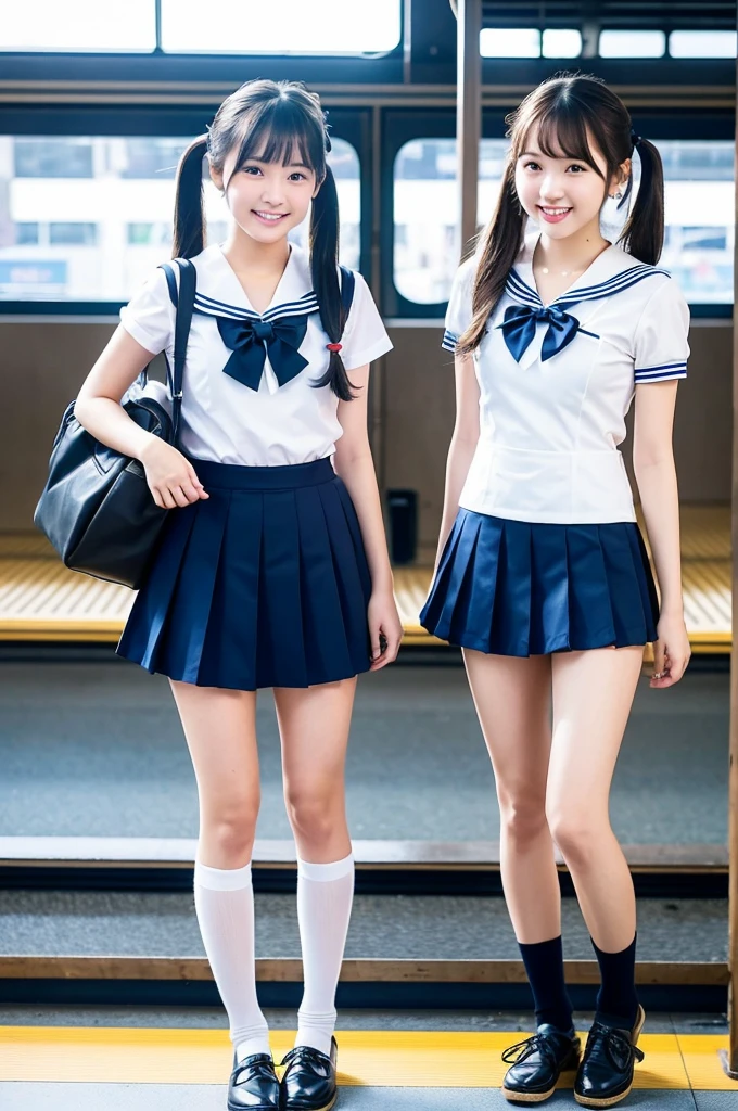 2 girls walking in Japanese railway station,short-sleeved white sailor leotard with blue skirt frills,red bow tie,school bags,18-year-old,bangs,a little smile,large bare thighs,knees,legs apart,short hair with low pigtails,from before,front light