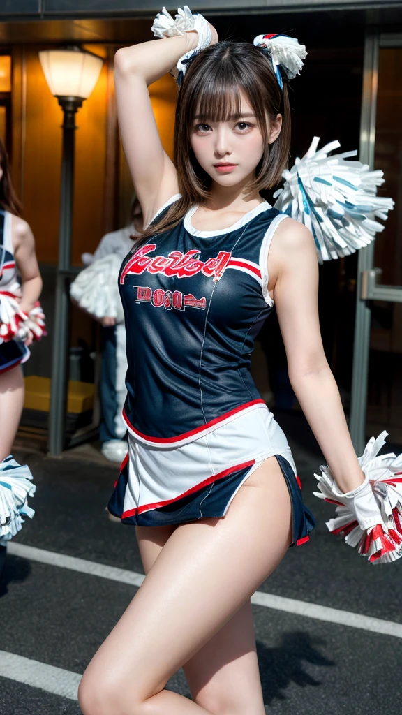 masterpiece, best quality, illustration, Super detailed, fine details, High resolution, 8K,wall paper, perfect dynamic composition,(Details High quality, realistic depiction of eyes:1.3), hotel room, (cheer girl:1.5),(a miniskirt), to stand、large breasts,short bob hair, black hair color, Big Natural Color Lip, bold sexy pose, crying a little、Harajuku style、20 year old girl、cute type、ta、beautiful legs, hposing Gravure Idol