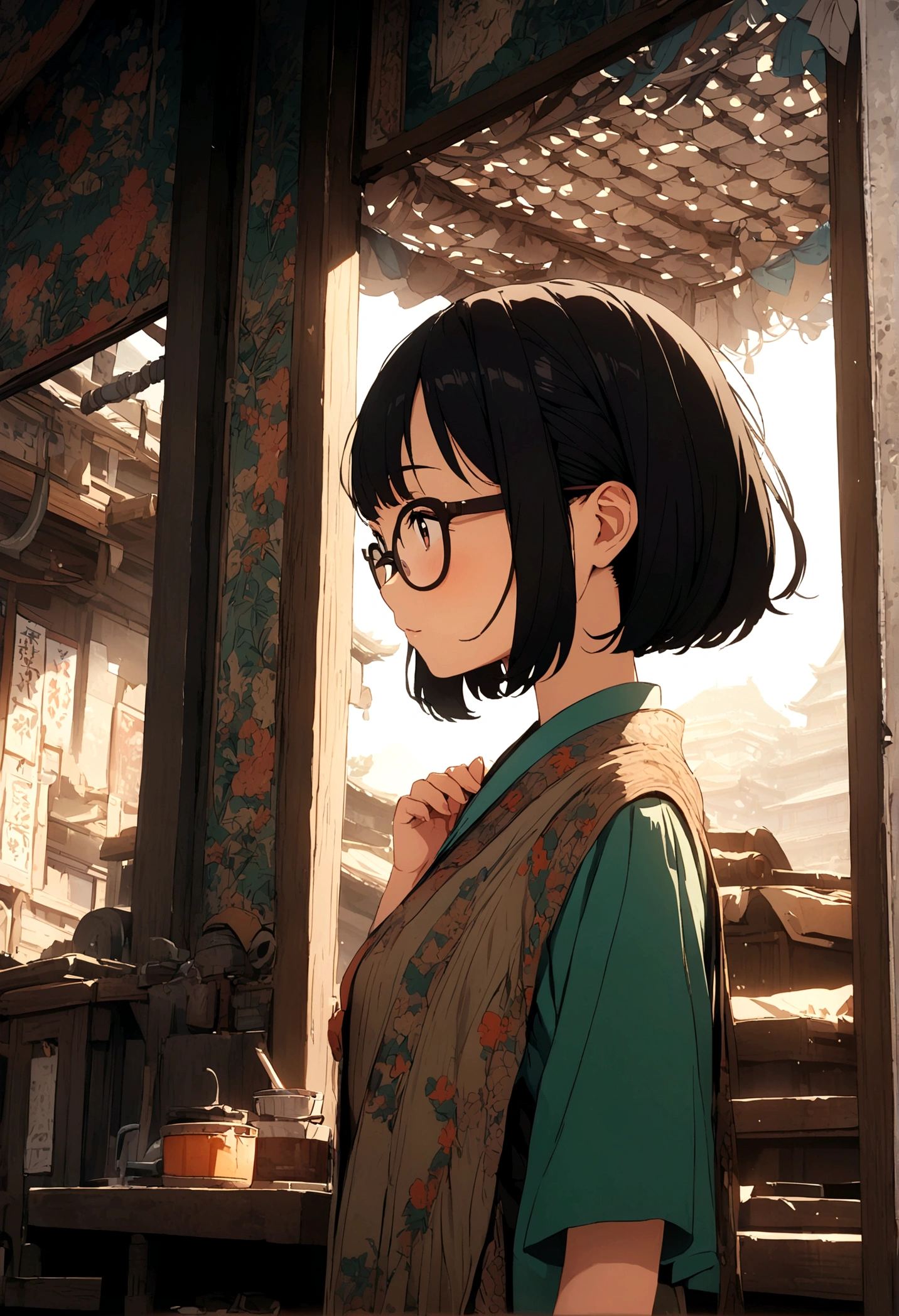 cute anime short hair asian girl with glasses