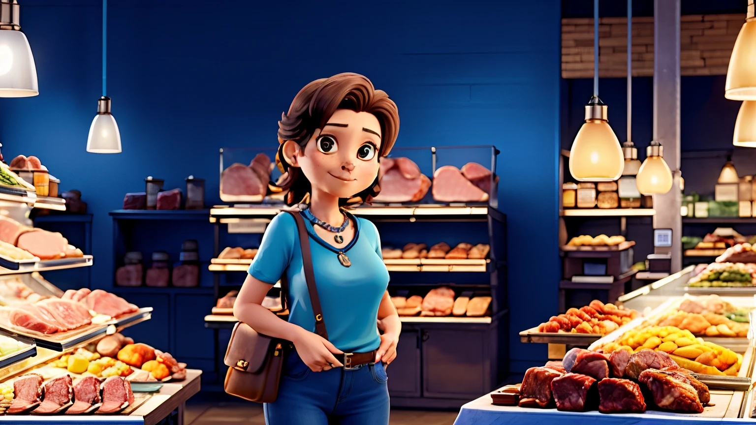 A 35-year-old woman with straight, medium-length brown hair, light brown eyes, fair skin, and a slender body, dressed in a short-sleeved blue blouse, dark blue jeans, a brown leather bag on her right shoulder, a silver necklace, inside a market in in a meat butcher shop, with a glass counter with meat in the corner





