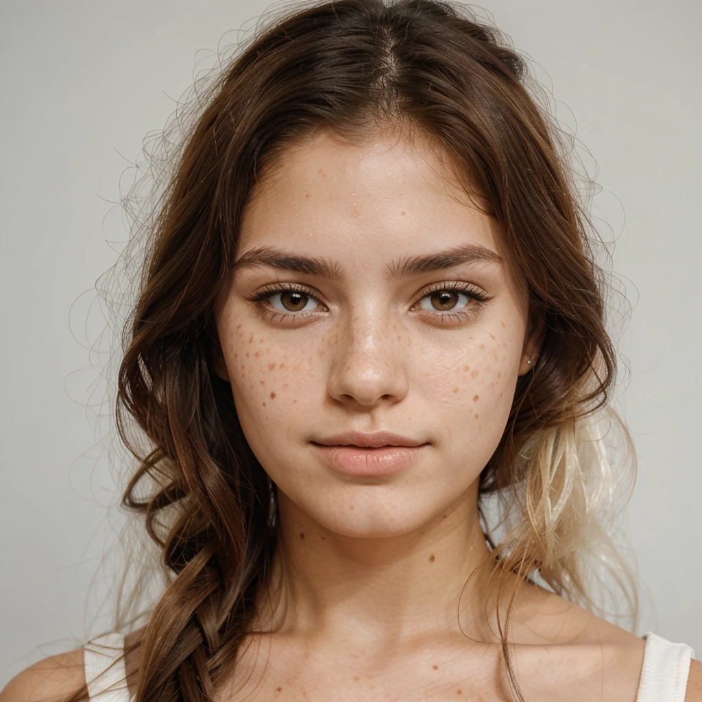 Latin woman, white, round face with freckles, long light hair, 20 years old, slim, drinking coffee