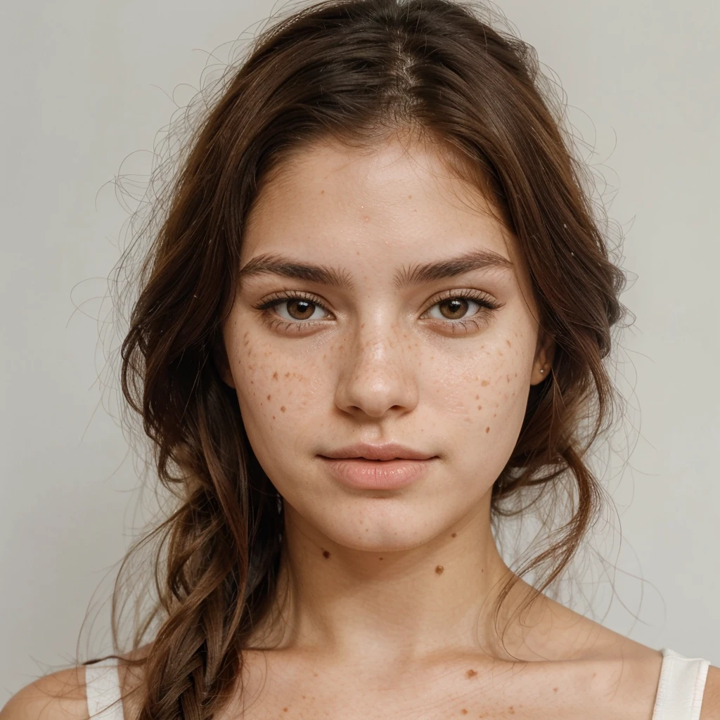 Latin woman, white, round face with freckles, long light hair, 20 years old, slim, drinking coffee