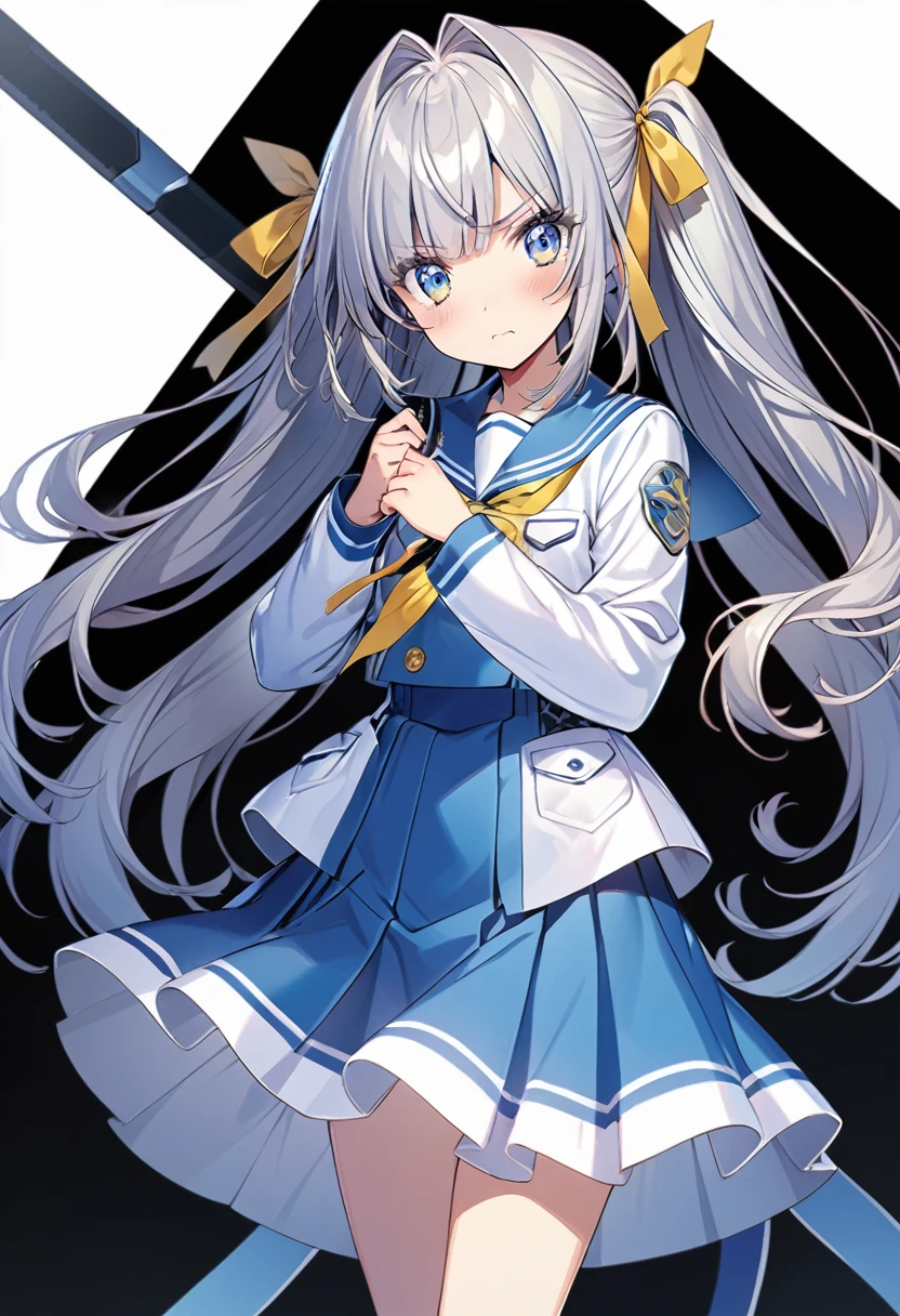 1girl, official art, white background, cowboy shot, Generate an anime-style girl with long, light blue hair styled in twin tails. Each twin tail is tied with a large yellow ribbon at the base of the hair. The ribbons are only on her hair and not on her uniform. She has blue eyes. Her expression is a bit embarrassed. The background should be simple and light-colored, long-sleeve, light blue sailor suit, 24 years old, no tail, no uniform ribbon, no background ribbon, hair intakes, long bangs, long sidelock, white sox, blue skirt