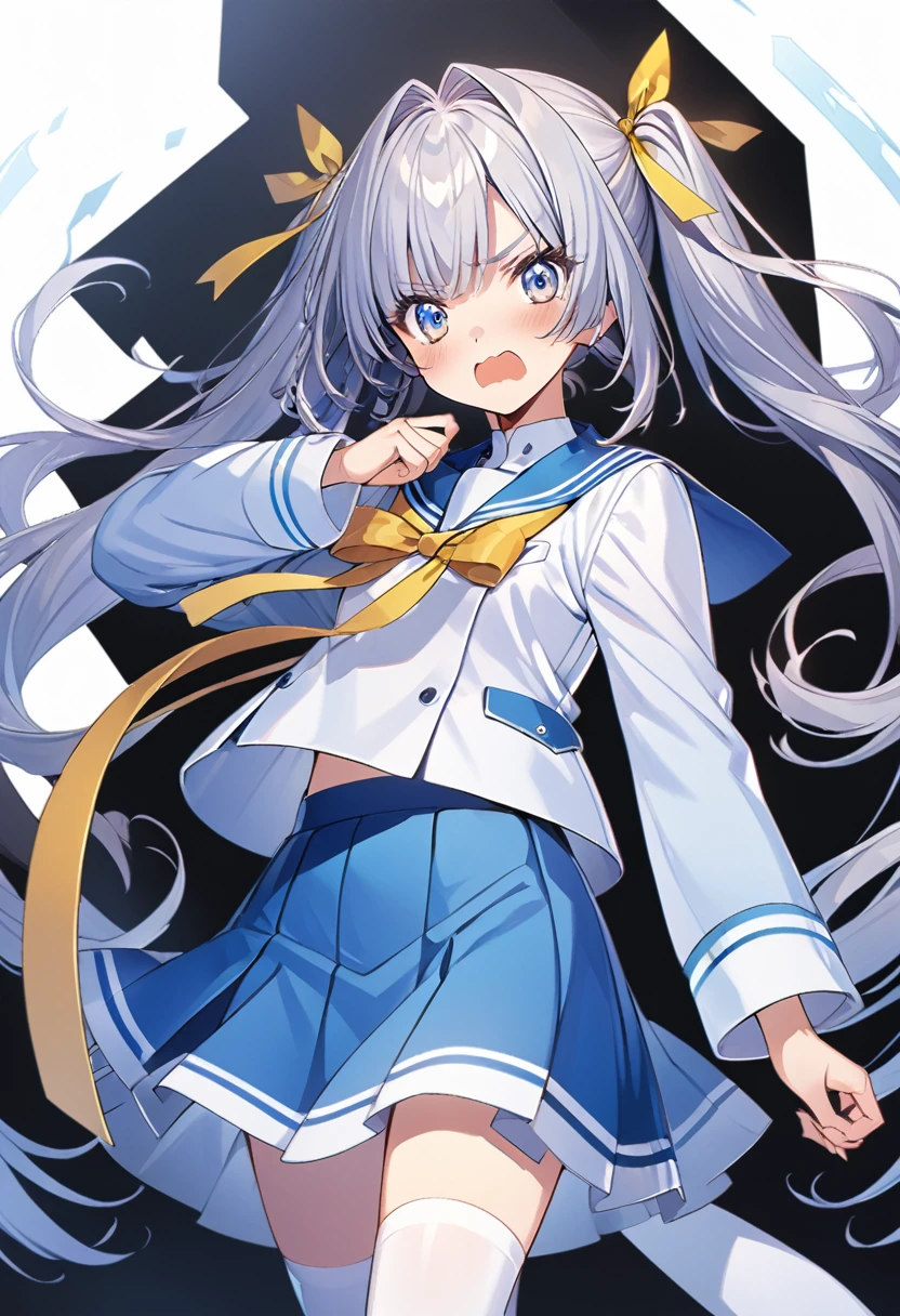 1girl, official art, white background, cowboy shot, Generate an anime-style girl with long, light blue hair styled in twin tails. Each twin tail is tied with a large yellow ribbon at the base of the hair. The ribbons are only on her hair and not on her uniform. She has blue eyes. Her expression is a bit embarrassed. The background should be simple and light-colored, long-sleeve, light blue sailor suit, 24 years old, no tail, no uniform ribbon, no background ribbon, hair intakes, long bangs, long sidelock, white sox, blue skirt