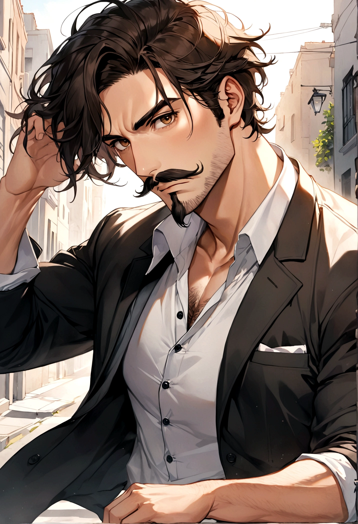 (una playera blanca con una jacket de piel color negro para hombre), ), ((bigote estilo Van Dyke y (barba de chivo) "Van Dyke", Van Dyke beard)), (light brown eyes), Aspecto atractivo y serio, ((cabello muy largo oscuro, messy hair)), Elegante y con estilo, jacket de piel negro, Un hombre maduro similar al actor Jim Morrison con el cabello largo, ((cabello muy largo)), (Imagen realista y de alta calidad), en la calle estilo urbano, un bosque al rededor, ((La mejor calidad, 8K, obra maestra).((dynamic pose with forward gaze, viendo al espectador)), (cabello largo pasando los hombros)