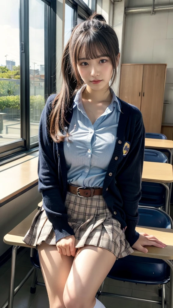 masterpiece, best quality, illustration, Super detailed, fine details, High resolution, 8K,wall paper, perfect dynamic composition,(Details High quality, realistic depiction of eyes:1.3), High School Classroom、High school girl uniform、Cardigan、Super Short Check Uniform Skirt、Navy blue high socks、garterbelts、Colossal tits、Disturbed uniform, ponytail, black hair color, Big Natural Color Lip, bold sexy pose, (perfect body shape), crying a little、Harajuku style、20 year old girl、cute type, beautiful legs, hposing Gravure Idol, Voluptuous thighs