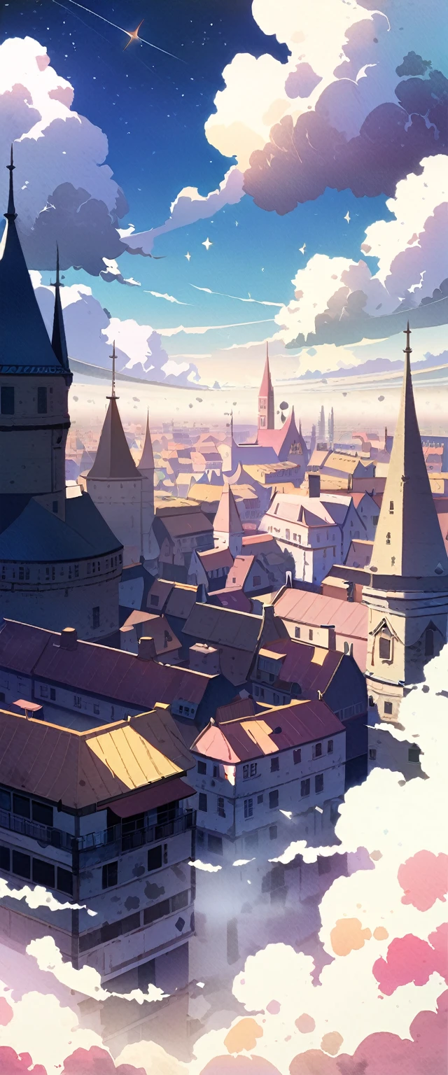 (très belles aquarelles élaborées:1.4), very beautiful old castles (floating above beautiful celestial clouds:1.3), many slums smoke and dust on the ground, CASSER ,quality\(8k,fond d'screen d'an extremely detailed CG unit, chef d'oeuvre,high resolution,top-quality,top-quality real texture skin,hyper realistic,augmenter la résolution,Photos brutes,meilleure quality,very detailed,le fond d'screen\)