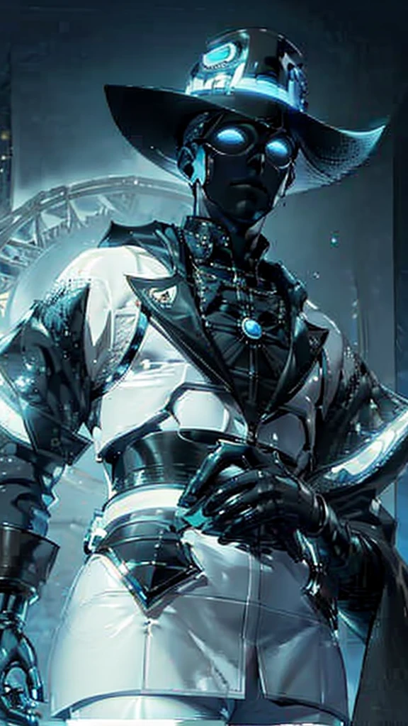 The character in question is represented by a look that mixes mystery and sophistication., standing out for his formal attire and wide-brimmed hat. Furthermore, its futuristic and technological aura is highlighted by bright blue details, giving it a unique and enigmatic atmosphere that will be explored throughout this study.