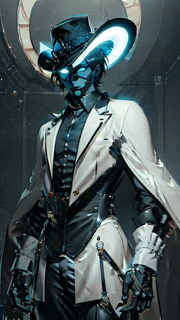 The character in question is represented by a look that mixes mystery and sophistication., standing out for his formal attire and wide-brimmed hat. Furthermore, its futuristic and technological aura is highlighted by bright blue details, giving it a unique and enigmatic atmosphere that will be explored throughout this study.