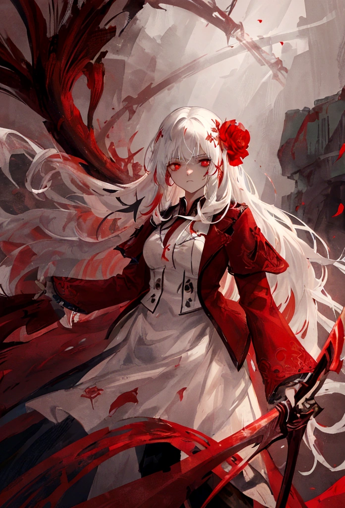 A woman with long white hair and red streaks, a sad facial expression, detailed red eyes, holding a large red sword, with flowers on her clothes, digital painting, highly detailed, cinematic lighting, dramatic, fantasy, dark, moody

