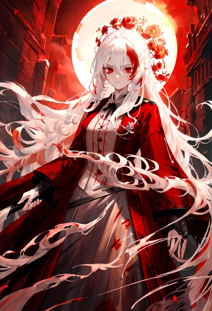 A woman with long white hair and red streaks, a sad facial expression, detailed red eyes, holding a large red sword, with flowers on her clothes, digital painting, highly detailed, cinematic lighting, dramatic, fantasy, dark, moody
