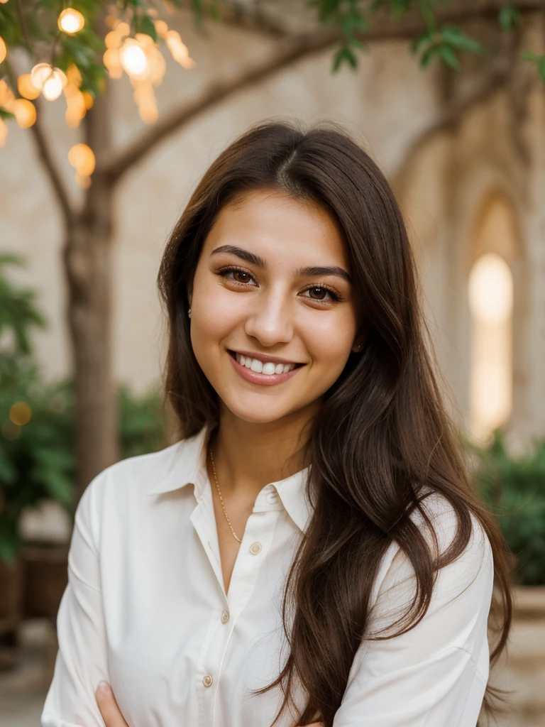 24YO, one half Russian half Jordanian women, cute smile, white teethes, long burnt orange shirt, light brown eyes, small nose, black/brown long hair