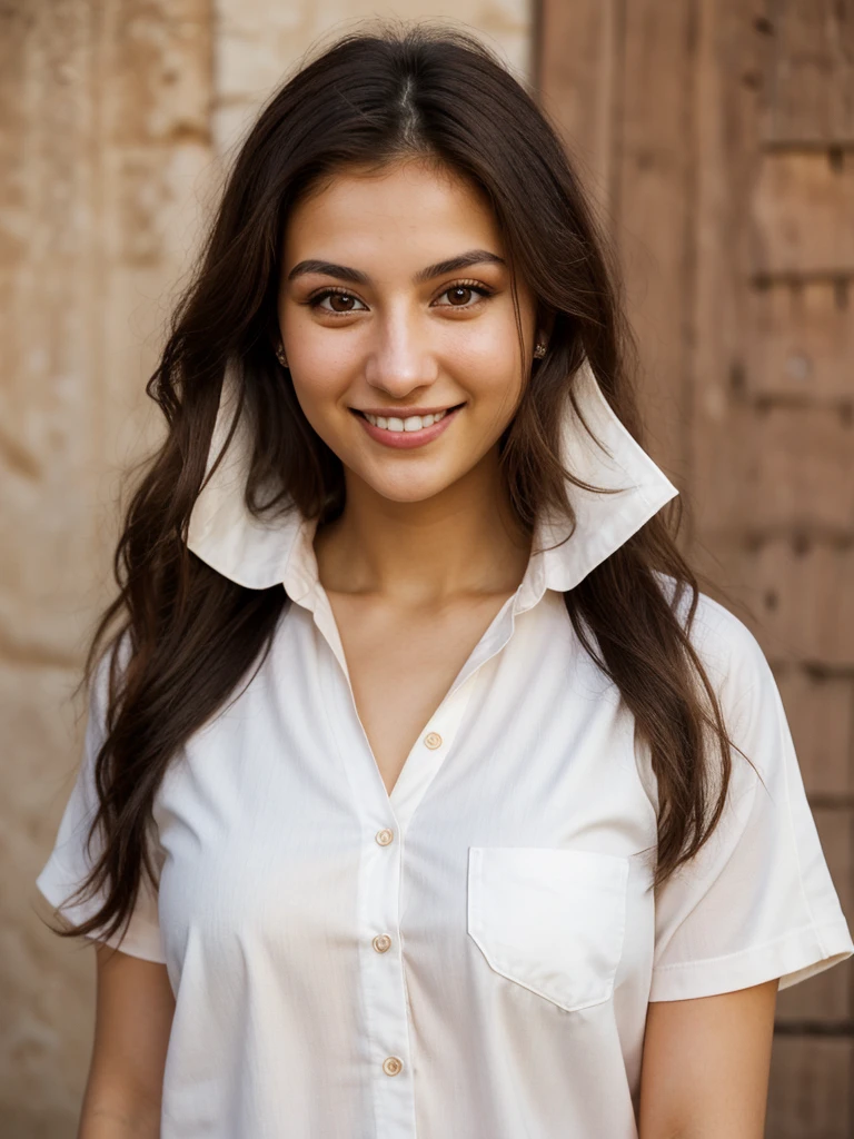 24YO, one half Russian half Jordanian women, cute smile, white teethes, long burnt orange shirt, light brown eyes, small nose, black/brown long hair