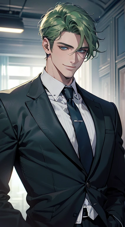 (best quality, masterpiece, 8K, photorealistic, cinematic lighting, 1:4 hdr image, ultra detailed, beautiful image), a mature man, 25 years very handsome, ((cold expression smile in love)), short green hair, blue eyes, face perfect without mistakes, ((buttoning his jacket, CEO)), smile.
