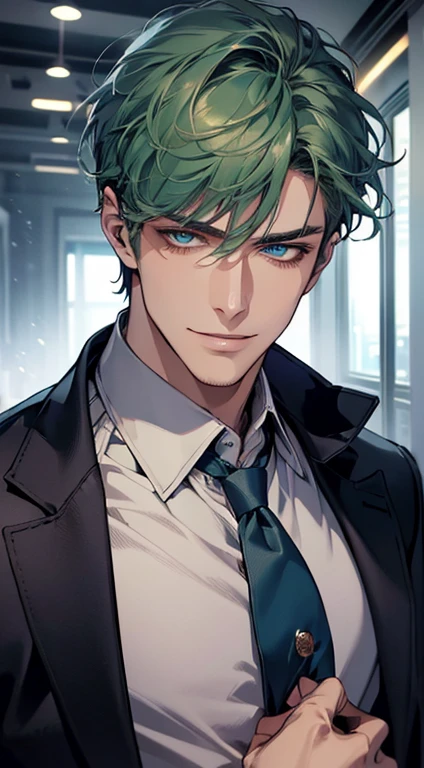 (best quality, masterpiece, 8K, photorealistic, cinematic lighting, 1:4 hdr image, ultra detailed, beautiful image), a mature man, 25 years very handsome, ((cold expression smile in love)), short green hair, blue eyes, face perfect without mistakes, ((buttoning his jacket, CEO)), smile.
