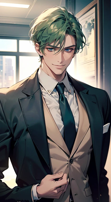 (best quality, masterpiece, 8K, photorealistic, cinematic lighting, 1:4 hdr image, ultra detailed, beautiful image), a mature man, 25 years very handsome, ((cold expression smile in love)), short green hair, blue eyes, face perfect without mistakes, ((buttoning his jacket, CEO)), smile.