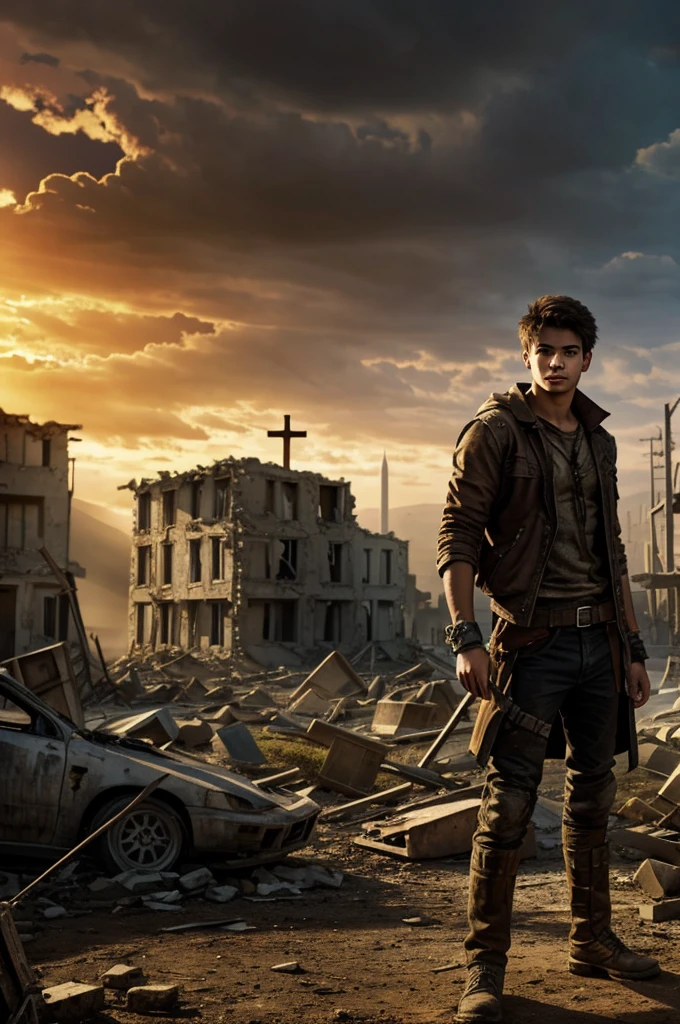 Male character aged between 16 and 18 years old With the setting in a post-apocalyptic background With a destroyed house small tombs with wooden cross 
