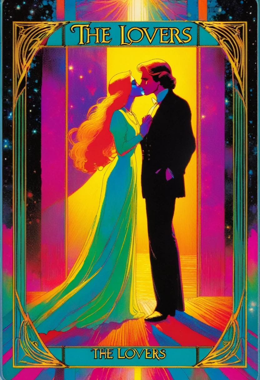 tarot card, a card, card : "THE LOVERS", tarot card frame,vivid colors (art inspired by Bill Sienkiewicz). text: THE LOVERS