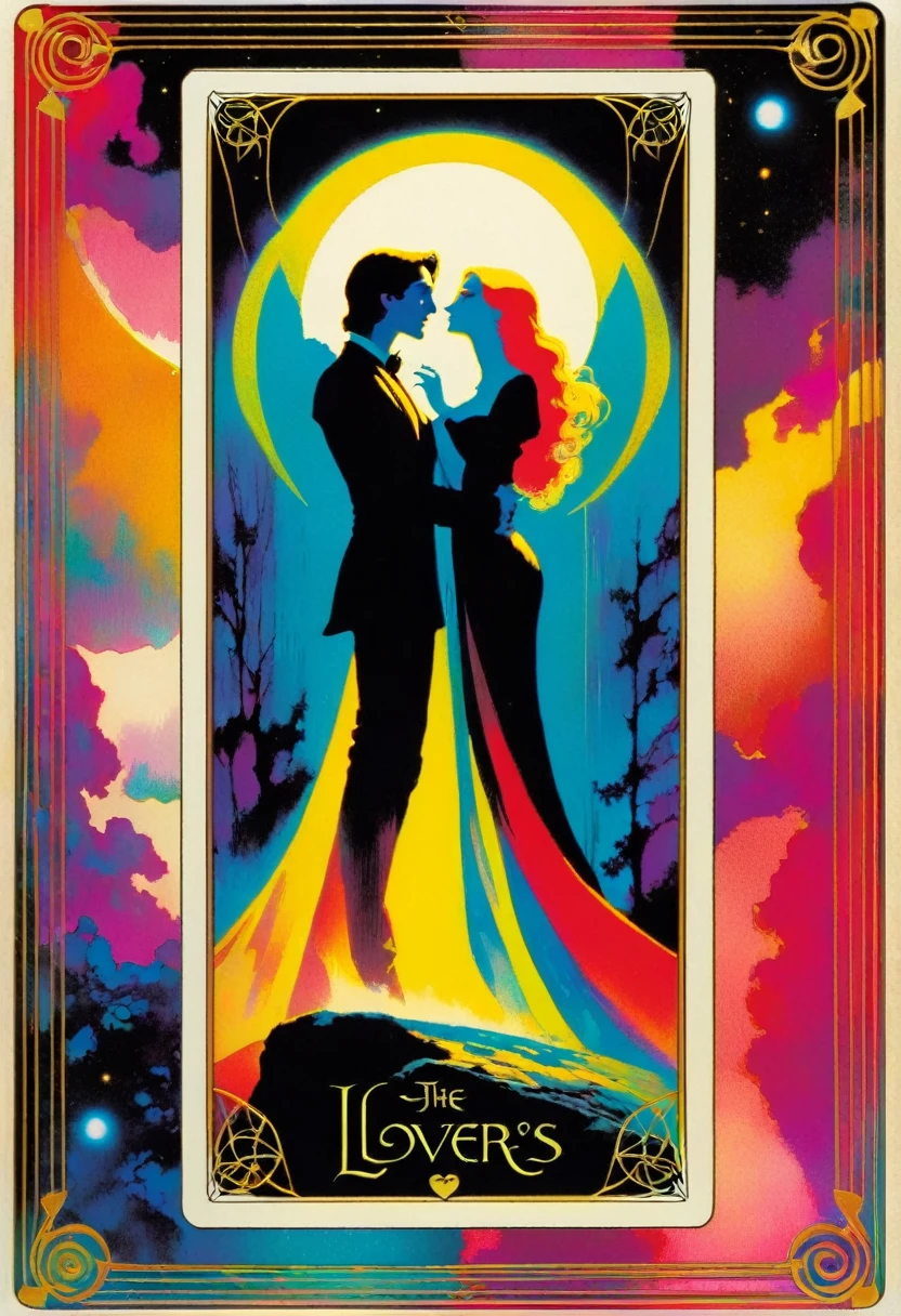 tarot card, a card, card : "THE LOVERS", tarot card frame,vivid colors (art inspired by Bill Sienkiewicz). text: THE LOVERS
