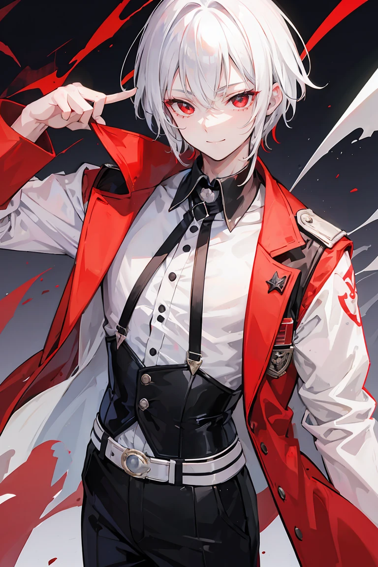 Young boy, white hair, side hair part, red eyes, smile face, handsome boy, cool boy, bad boy
