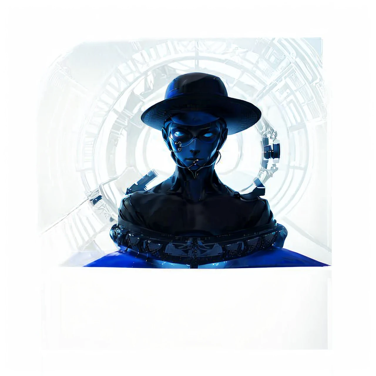 The character in question is represented by a look that mixes mystery and sophistication., standing out for his formal attire and wide-brimmed hat. Furthermore, its futuristic and technological aura is highlighted by bright blue details, giving it a unique and enigmatic atmosphere that will be explored throughout this study.