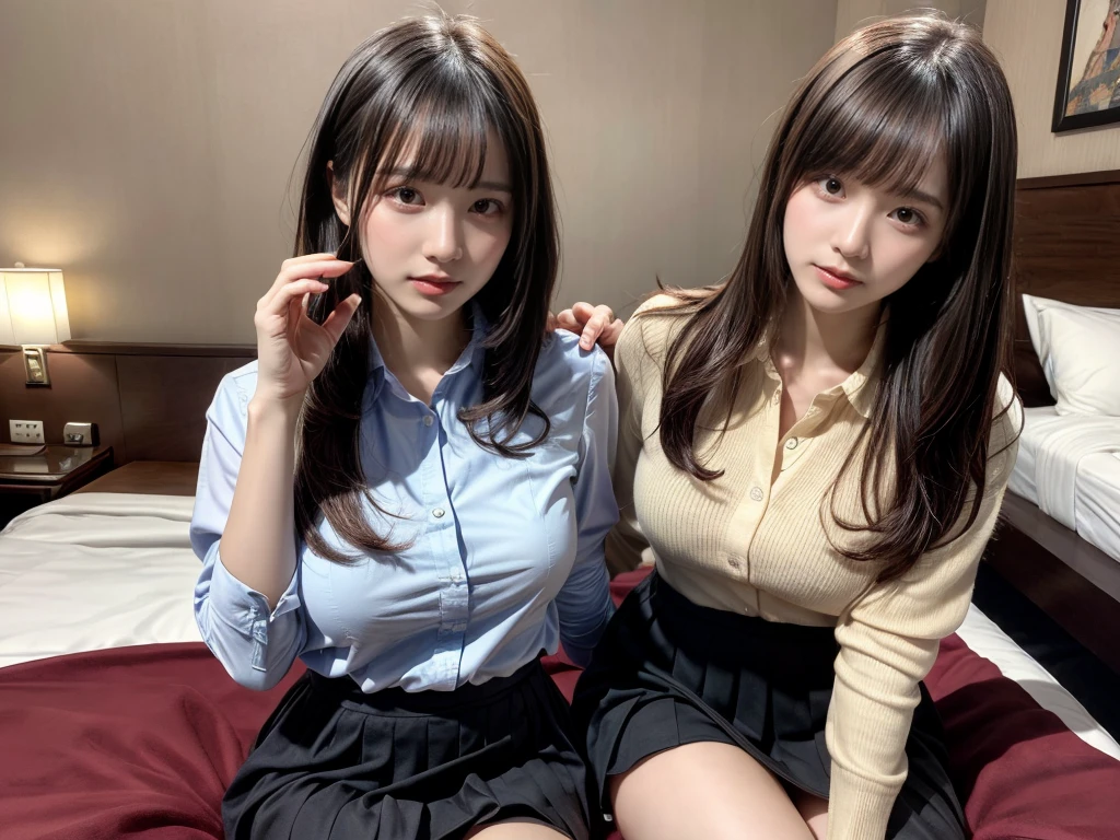 masterpiece, best quality, illustration, Super detailed, fine details, High resolution, 8K,wall paper, perfect dynamic composition,(Details High quality, realistic depiction of eyes:1.3), ((2 girls)),(collared shirt:1.1), pleated skirt, short bob hair、black hair color, Big Natural Color Lip, Play with each other,Touching each other's bodies,Touching the body of the girl next door,bold sexy pose, crying a little、20 year old girl、beautiful legs, hotel room, gravure idol, Voluptuous thighs, huge breasts