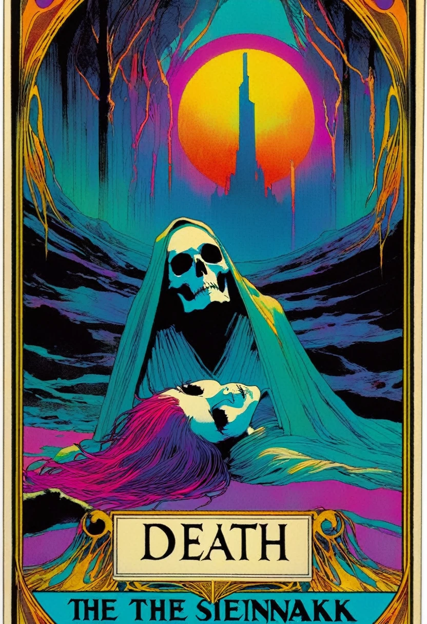 tarot card, a card, card : "THE DEATH", tarot card frame,vivid colors (art inspired by Bill Sienkiewicz). text: THE DEATH