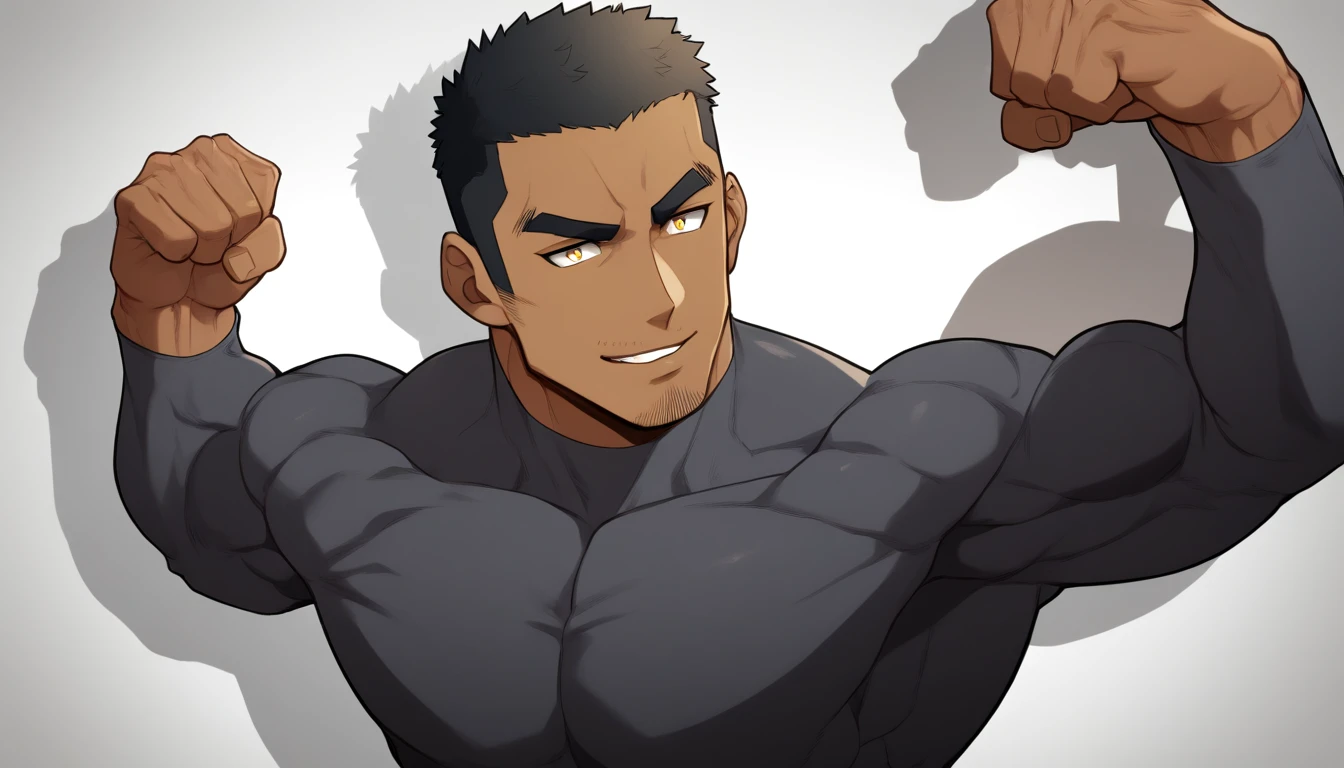 negro, negro, negro, anime characters:Gyee, Fitness coach, negro black skin, 1 muscular tough guy, Manliness, male focus, Dark grey long sleeve tights, Very tight, The pectoral muscles are oversized, Slightly transparent, muscular male, muscular, only, Upper body, alone, Black short hair, Thick eyebrows, stubble, Yellow eyes, White background, simple background, amazing quality, best aesthetics, Ridiculous, bright pupils, crew cut, parted lips, seductive smile, torogao, naughty face, drop shadow, best quality