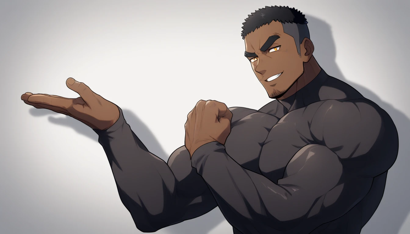 negro, negro, negro, anime characters:Gyee, Fitness coach, negro black skin, 1 muscular tough guy, Manliness, male focus, Dark grey long sleeve tights, Very tight, The pectoral muscles are oversized, Slightly transparent, muscular male, muscular, only, Upper body, alone, Black short hair, Thick eyebrows, stubble, Yellow eyes, White background, simple background, amazing quality, best aesthetics, Ridiculous, bright pupils, crew cut, parted lips, seductive smile, torogao, naughty face, drop shadow, best quality