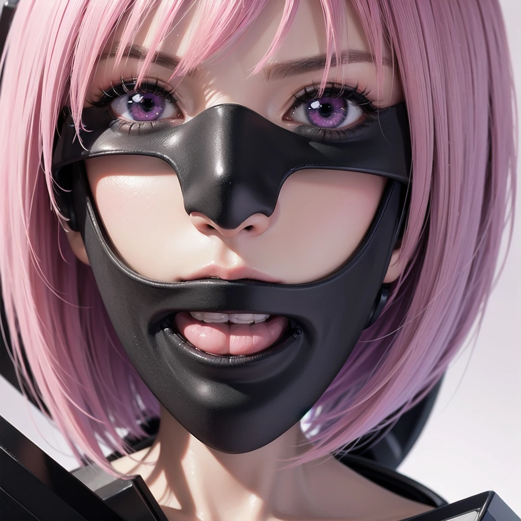 1girl, short pink hair, purple eyes, black masker, robot white body, angry face, 8K, Hi-Res, close up