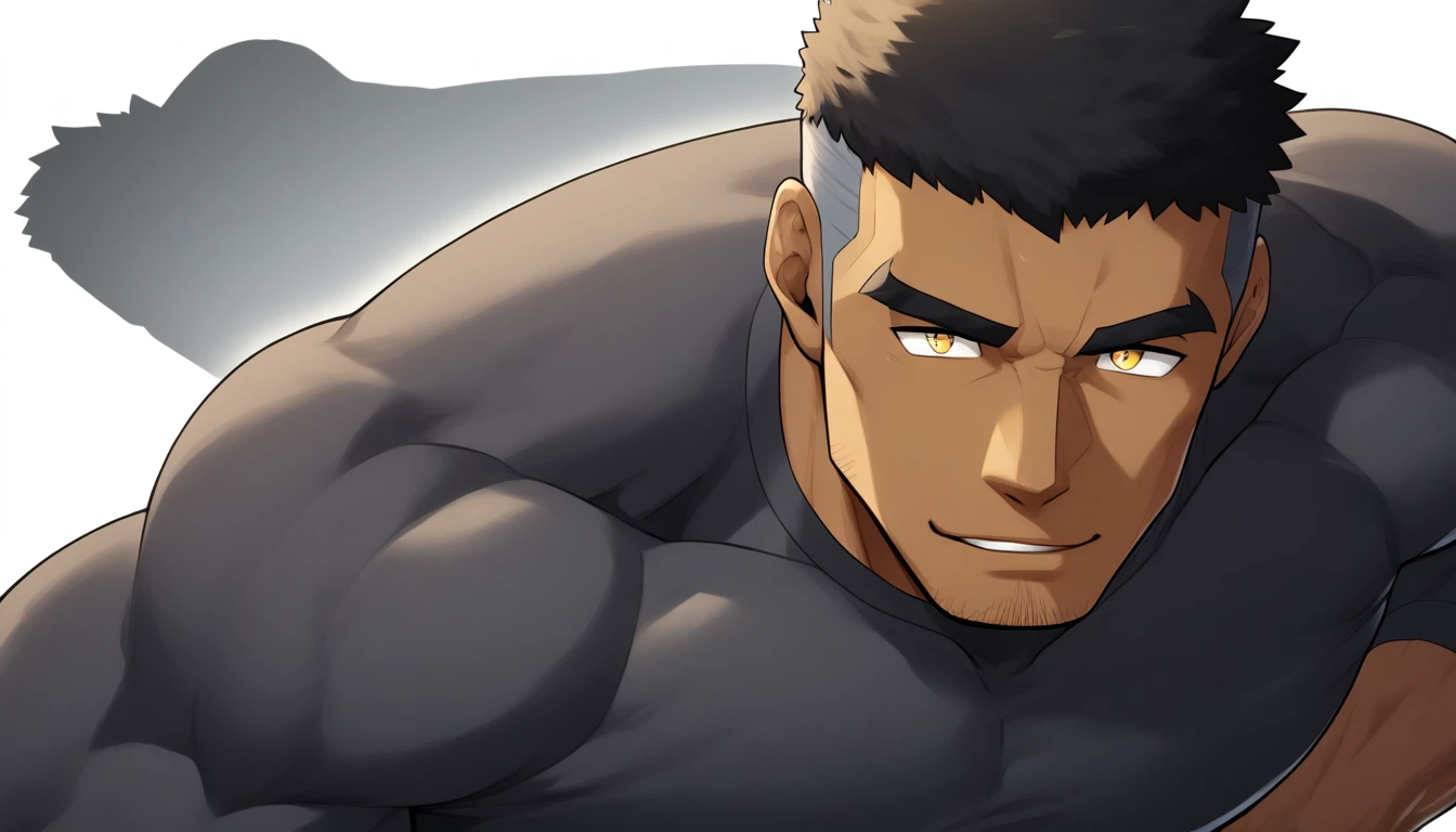 negro, negro, negro, anime characters:Gyee, Fitness coach, negro black skin, 1 muscular tough guy, Manliness, male focus, Dark grey long sleeve tights, Very tight, The pectoral muscles are oversized, Slightly transparent, muscular male, muscular, only, Upper body, alone, Black short hair, Thick eyebrows, stubble, Yellow eyes, White background, simple background, amazing quality, best aesthetics, Ridiculous, bright pupils, crew cut, parted lips, seductive smile, torogao, naughty face, drop shadow, best quality