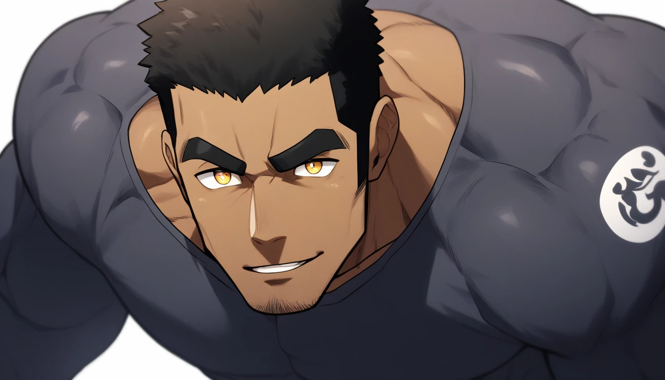 negro, negro, negro, anime characters：Gyee, Fitness coach, negro black skin, 1 muscular tough guy, Manliness, male focus, Dark grey long sleeve tights, Very tight, The pectoral muscles are oversized, Slightly transparent, muscular male, muscular, only, Upper body, alone, Black short hair, Thick eyebrows, stubble, Yellow eyes, White background, simple background, amazing quality, best aesthetics, Ridiculous, bright pupils, crew cut, parted lips, seductive smile, torogao, naughty face, drop shadow, best quality