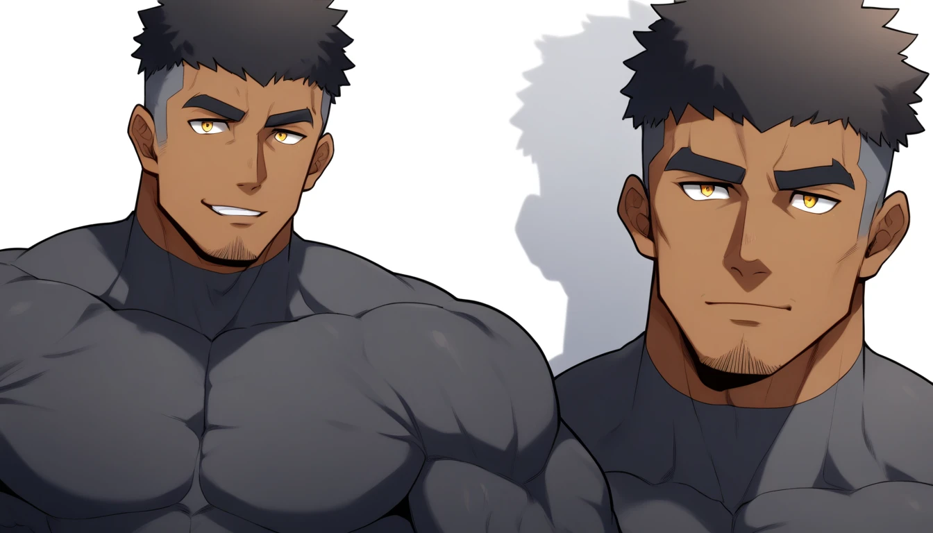 negro, negro, negro, anime characters:Gyee, Fitness coach, negro black skin, 1 muscular tough guy, Manliness, male focus, Dark grey long sleeve tights, Very tight, The pectoral muscles are oversized, Slightly transparent, muscular male, muscular, only, Upper body, alone, Black short hair, Thick eyebrows, stubble, Yellow eyes, White background, simple background, amazing quality, best aesthetics, Ridiculous, bright pupils, crew cut, parted lips, seductive smile, torogao, naughty face, drop shadow, best quality