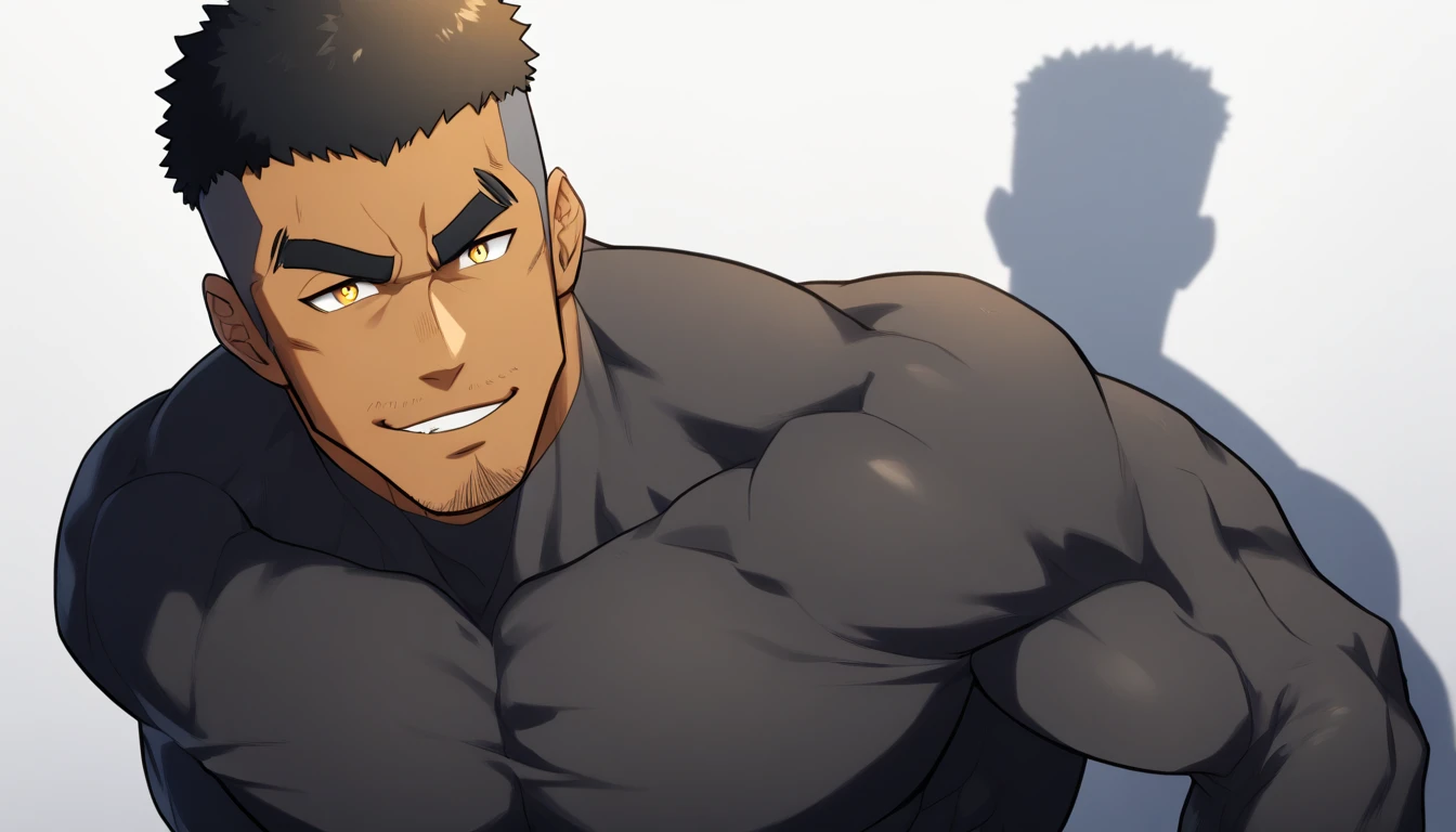 negro, negro, negro, anime characters:Gyee, Fitness coach, negro black skin, 1 muscular tough guy, Manliness, male focus, Dark grey long sleeve tights, Very tight, The pectoral muscles are oversized, Slightly transparent, muscular male, muscular, only, Upper body, alone, Black short hair, Thick eyebrows, stubble, Yellow eyes, White background, simple background, amazing quality, best aesthetics, Ridiculous, bright pupils, crew cut, parted lips, seductive smile, torogao, naughty face, drop shadow, best quality