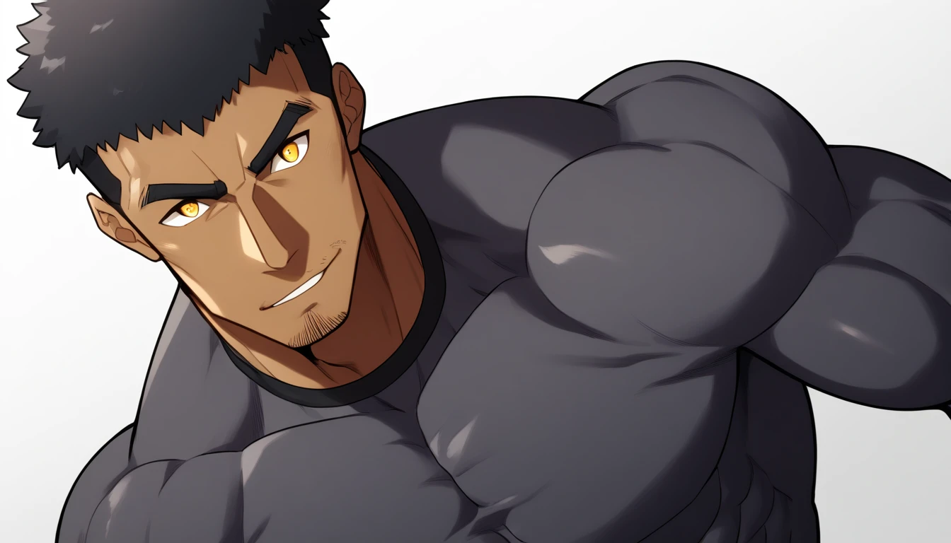 negro, negro, negro, anime characters:Gyee, Fitness coach, negro black skin, 1 muscular tough guy, Manliness, male focus, Dark grey long sleeve tights, Very tight, The pectoral muscles are oversized, Slightly transparent, muscular male, muscular, only, Upper body, alone, Black short hair, Thick eyebrows, stubble, Yellow eyes, White background, simple background, amazing quality, best aesthetics, Ridiculous, bright pupils, crew cut, parted lips, seductive smile, torogao, naughty face, drop shadow, best quality