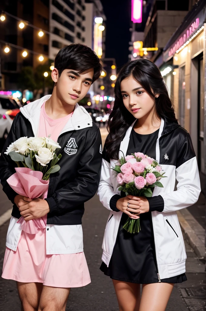 A boy and girl in night . boy with white and white black jacket and girl with pink colour dress with bouquet