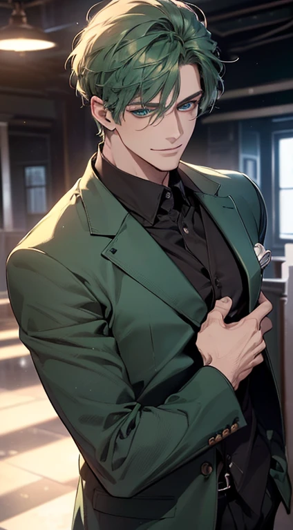 (best quality, masterpiece, 8K, photorealistic, cinematic lighting, 1:4 hdr image, ultra detailed, beautiful image), a mature man, 25 years very handsome, ((cold expression smile in love)), short green hair, blue eyes, face perfect without mistakes, ((buttoning his jacket, CEO)), smile.