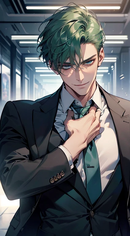 (best quality, masterpiece, 8K, photorealistic, cinematic lighting, 1:4 hdr image, ultra detailed, beautiful image), a mature man, 25 years very handsome, ((cold expression smile in love)), short green hair, blue eyes, face perfect without mistakes, ((buttoning his jacket, CEO)), smile.