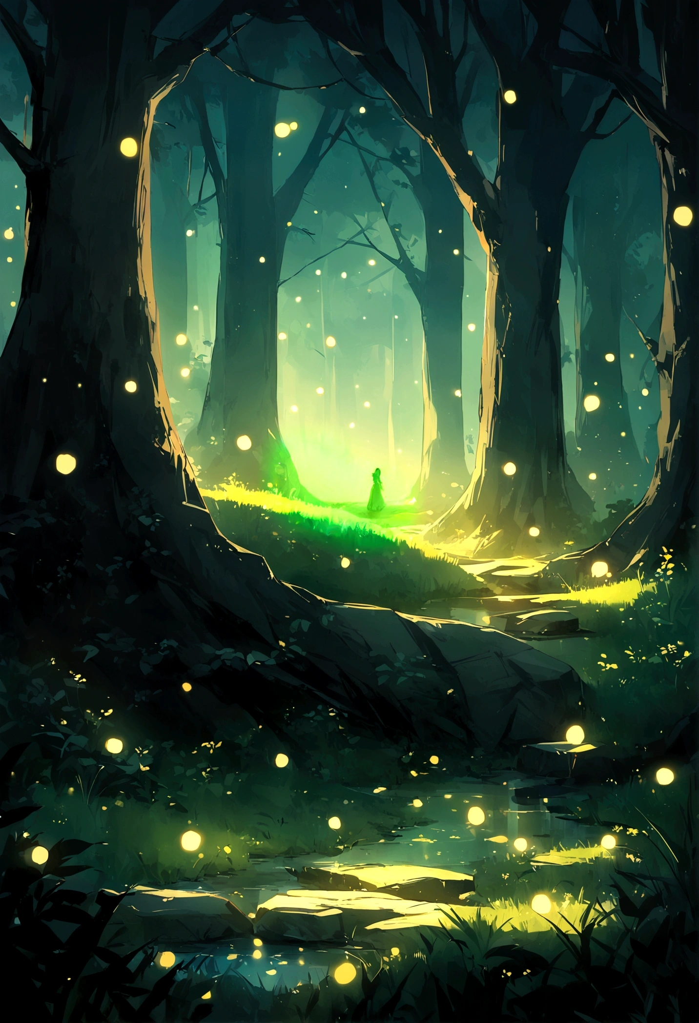 Wild paths with fireflies, azure moonlit nights, a quiet scene with no people, the best image quality.