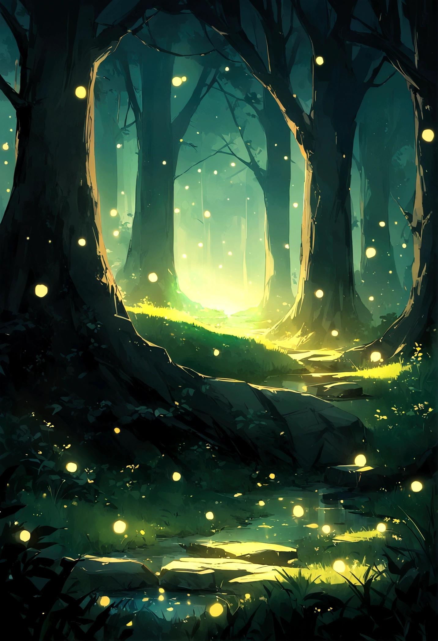 Wild paths with fireflies, azure moonlit nights, a quiet scene with no people, the best image quality.