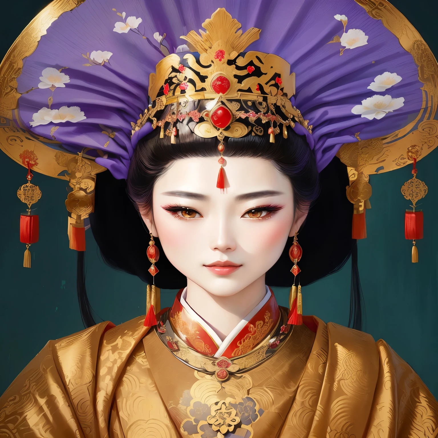 painting of a woman in a purple hat with a red candle, Wu Zetian portrait, chinese empress, Wu Zetian, a beautiful empress, ancient chinese princess, chinese princess, ancient asian dynasty princess, portrait of a young empress, ancient chinese beauties, ancient chinese goddess, chie yoshii, a beautiful artwork illustration, portrait of a beautiful geisha, palace , a girl in hanfu, portrait of geisha